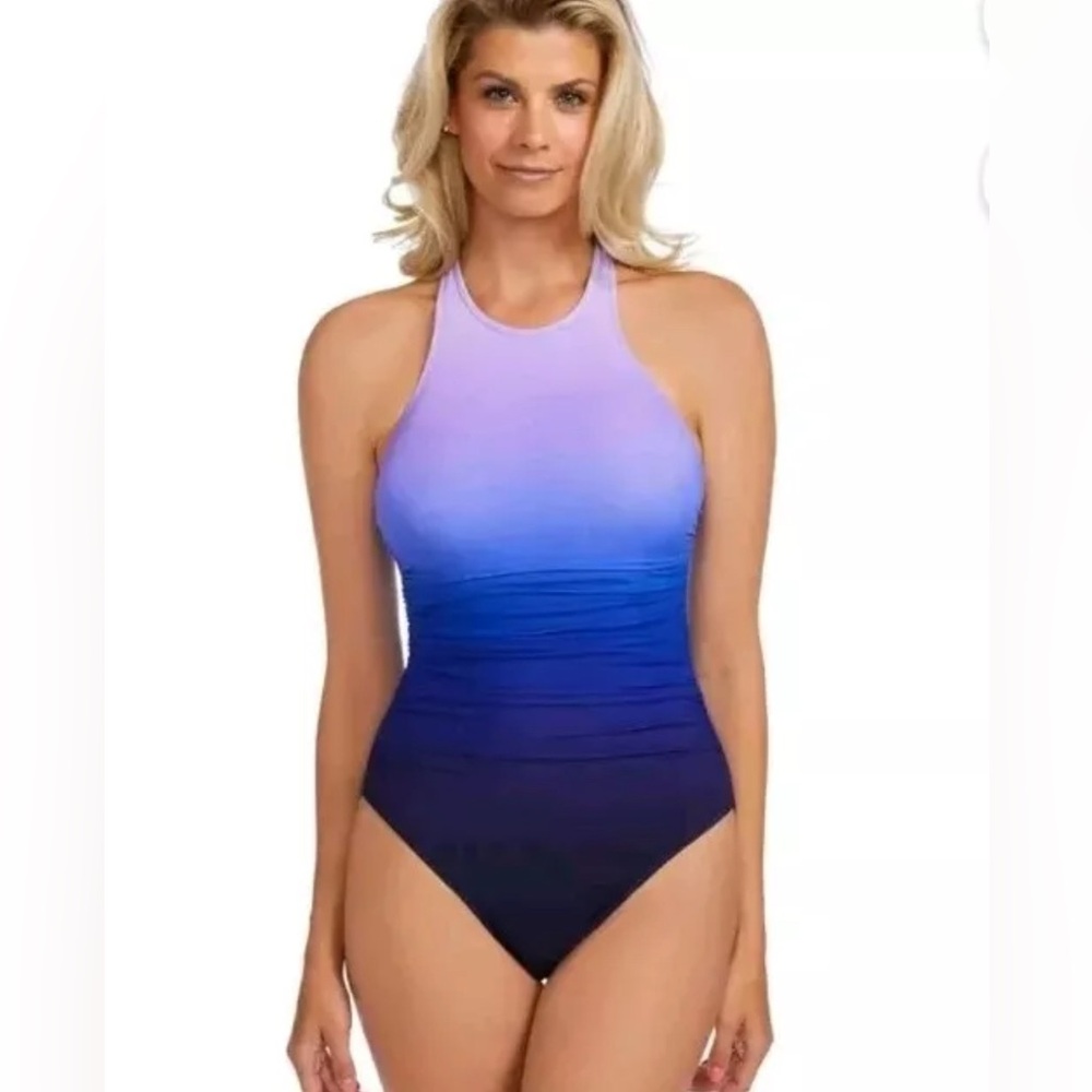 Magicsuit Purple Halter Ombré Ruched Slimming Swimwear One Piece 12